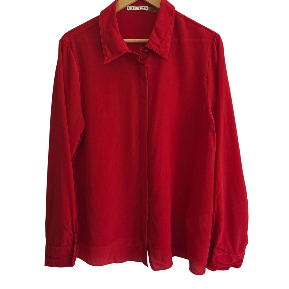Alice + Olivia Blouse XL 100% Silk Long Sleeve Button Front Red